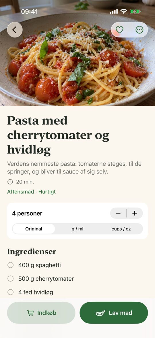 Opskrift på iPhone: en pastaopskrift skrevet ud fra en madvideo, med antal personer, ingredienser og trin