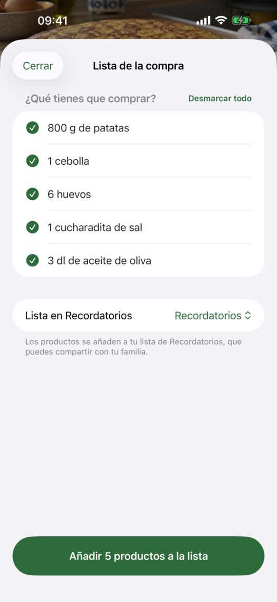 Lista de la compra en Recordatorios