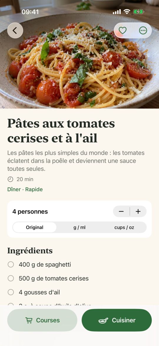 Opskrift sur iPhone : une recette de pâtes rédigée à partir d'une vidéo, avec personnes, ingrédients et étapes