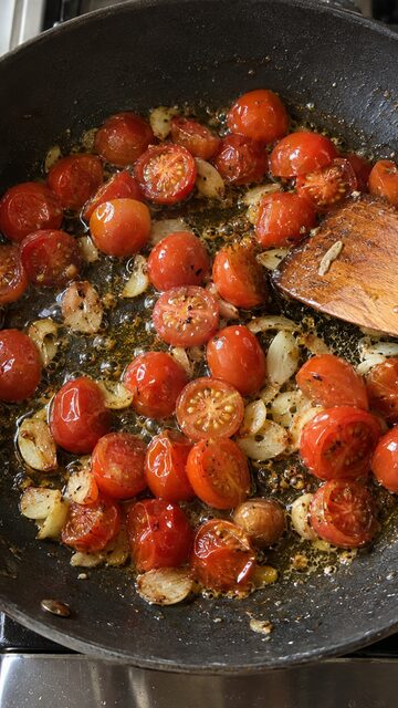 A frame from a cooking video: cherry tomatoes and garlic in a pan